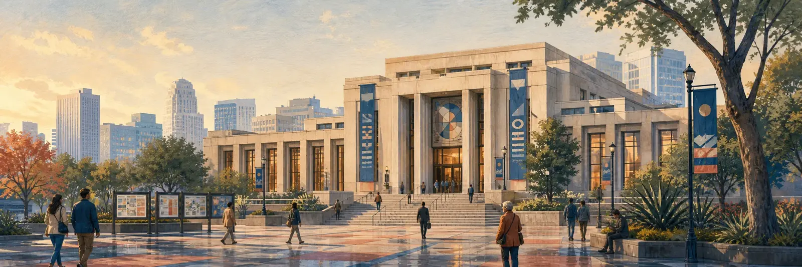 Solano City Hall painted in the civic style, wide steps and columns on a tree-lined street