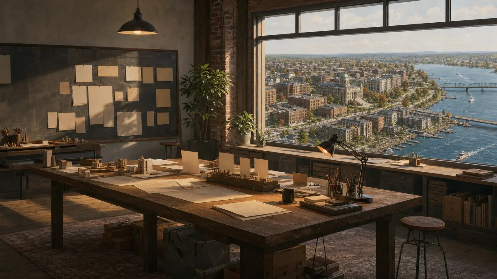 An evening design studio overlooking Solano, with city maps, prototype cards and warm desk lamps