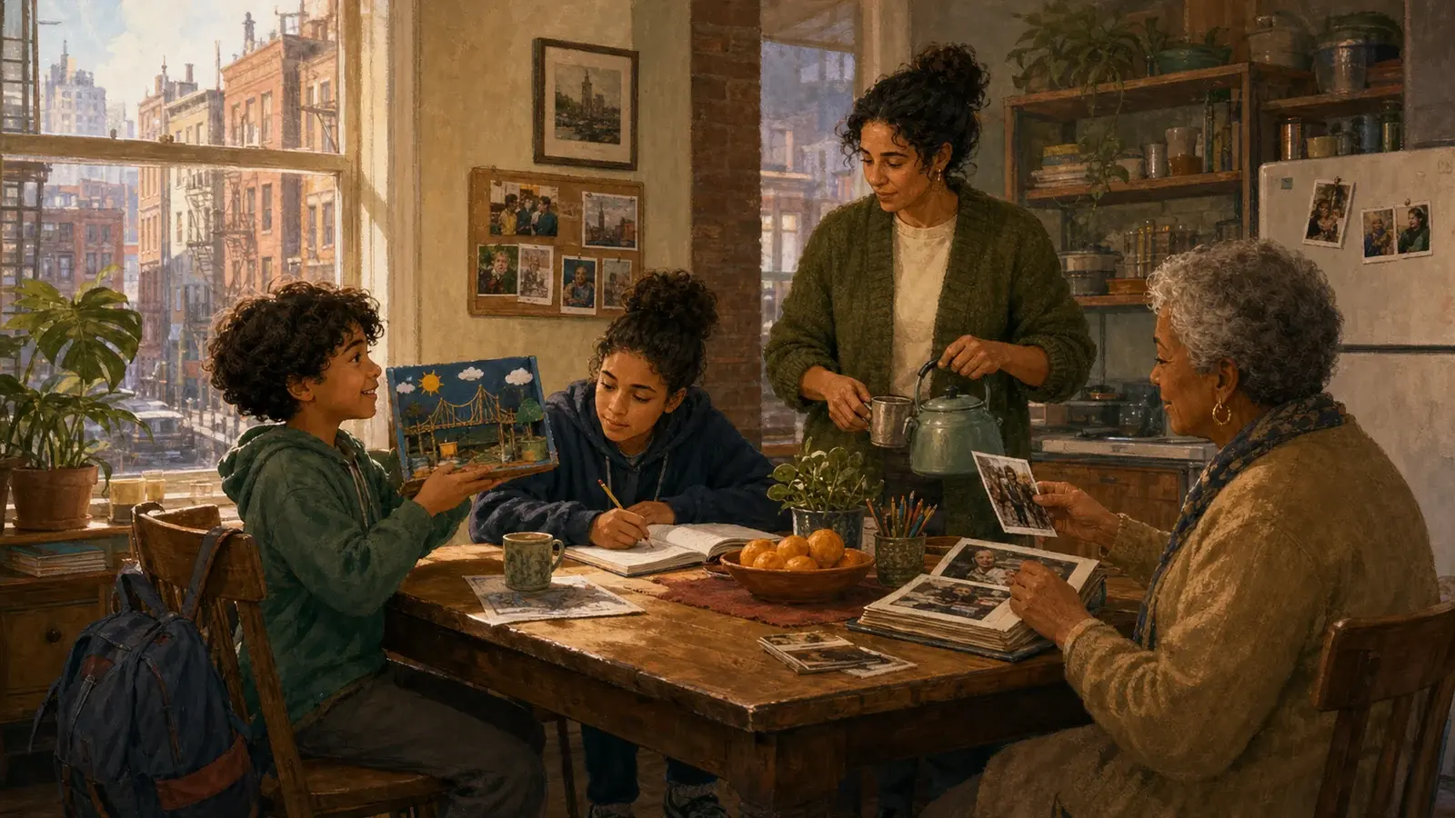 A painted Riverside kitchen: three generations of one family around the table, photographs spread out, the city through the window