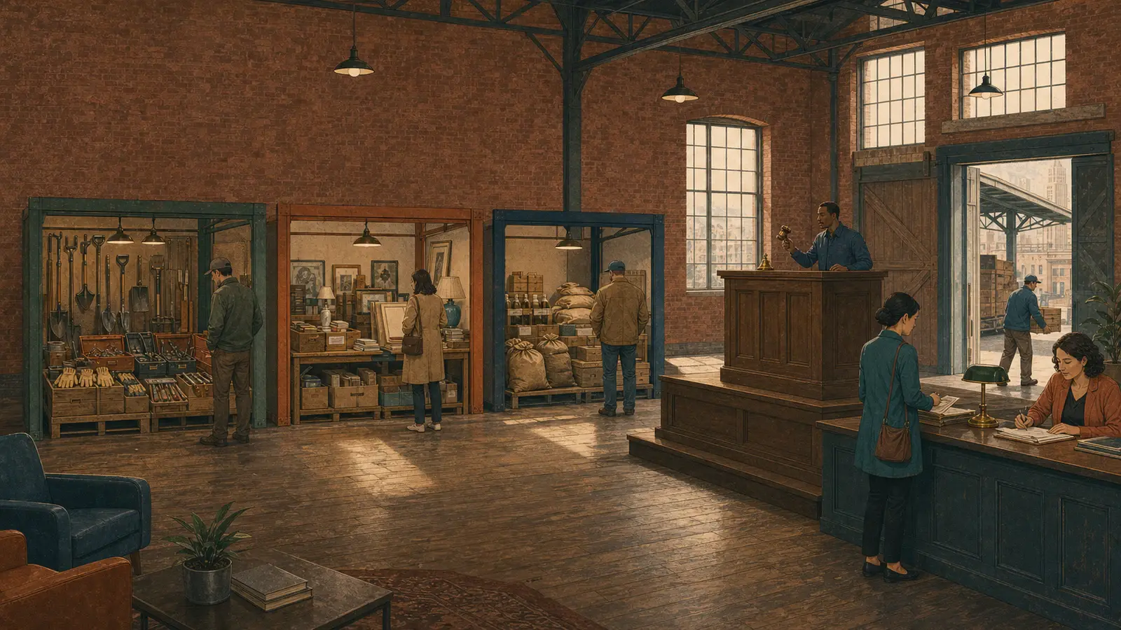 The painted Exchange House trading floor: stocked stalls, an auctioneer at the rostrum and residents browsing