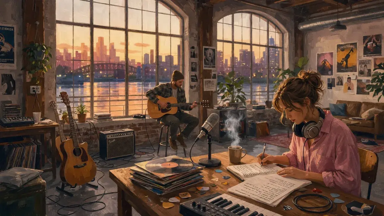 Songwriters and musicians working in a warm riverside recording studio.