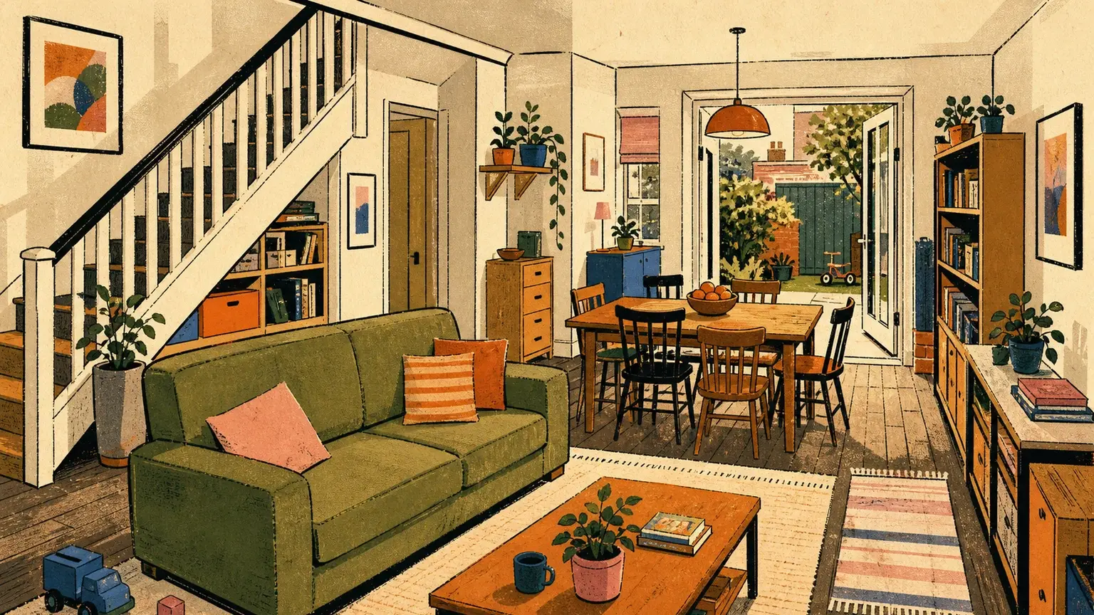 A warm illustrated family home on a lived-in Solano residential street.