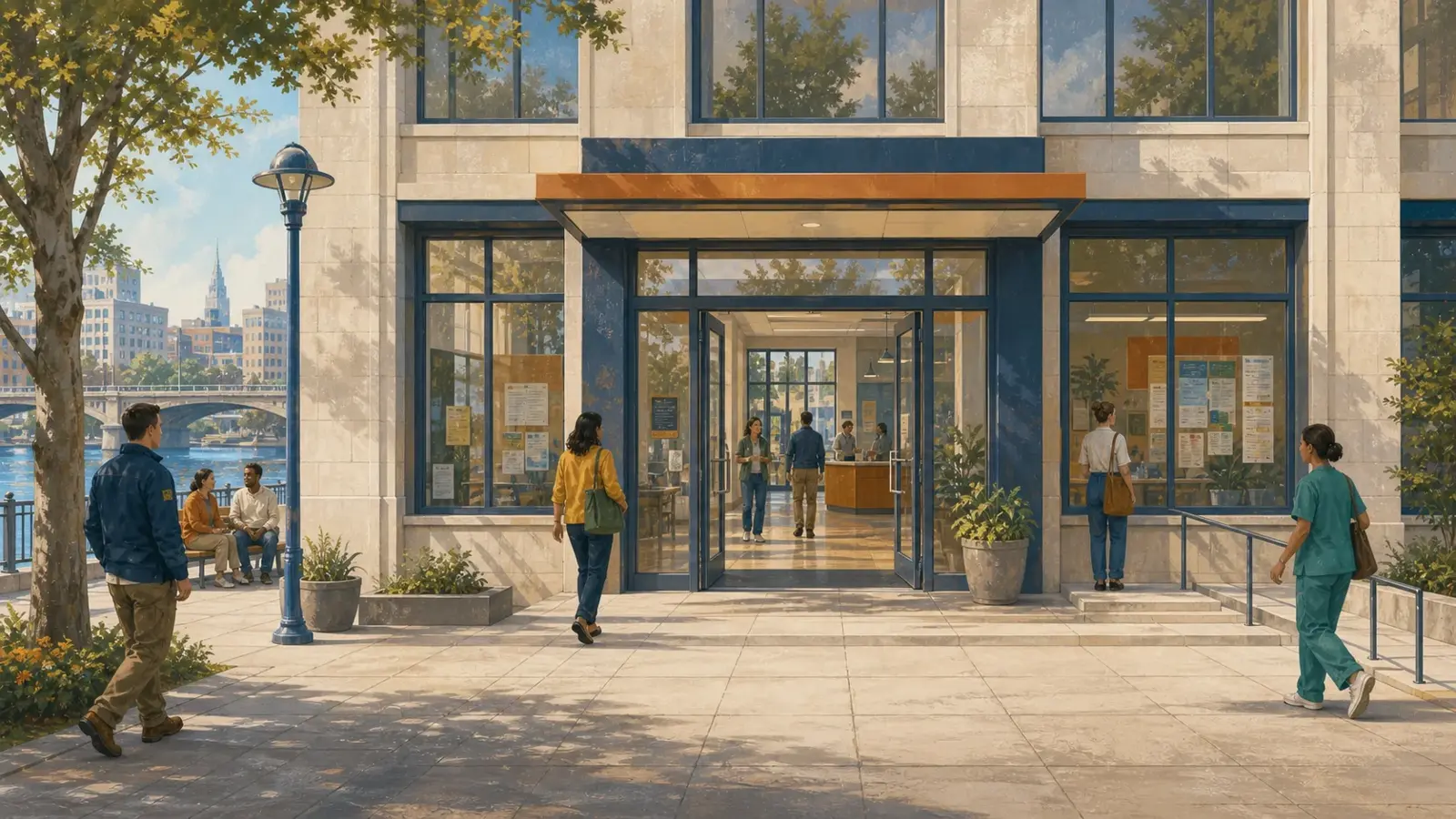 The welcoming riverside entrance of the Solano Job Centre.