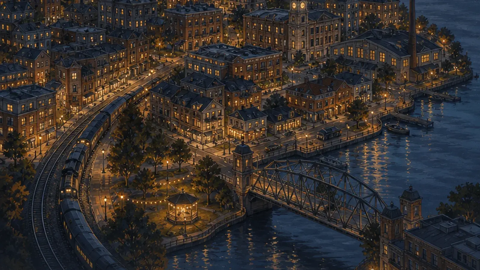 Solano at night, painted: lamplit streets stepping down to the river and the bridge